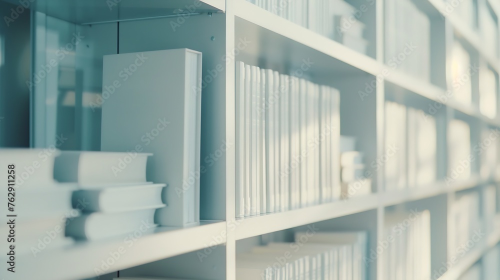 Poster Abstract blurred modern white bookshelves with books manuals and textbooks on bookshelves in library or in book store for backdrop Concept for education : Generative AI