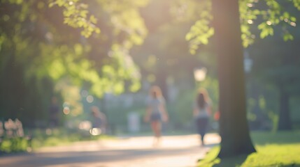 Fototapeta premium Defocused background of summer park with walking people : Generative AI