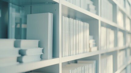 Fototapeta premium Abstract blurred modern white bookshelves with books manuals and textbooks on bookshelves in library or in book store for backdrop Concept for education : Generative AI