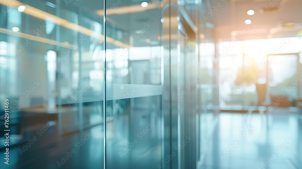 Poster blurry image of an office with glass walls : generative ai