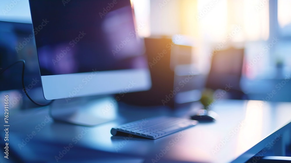 Poster abstract office with computer blur background : Generative AI