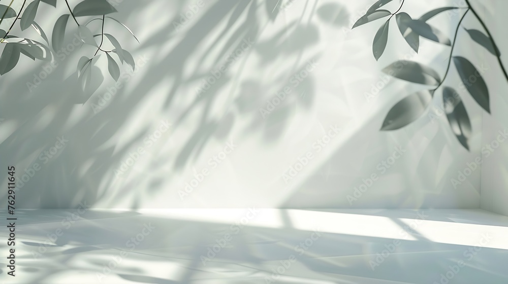 Poster Minimalistic light background with blurred foliage shadow on a white wall Beautiful background for presentation with with smooth floor : Generative AI
