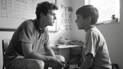 Fototapeta premium A volunteer tutor sits kneetoknee with a young student patiently explaining a math problem on a whiteboard. The students face lights up with understanding and confidence thanks