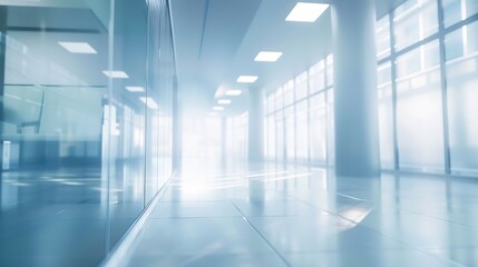 BLURRED OFFICE BACKGROUND SPACIOUS LIGHT BUSINESS HALL MODERN LARGE GLASS WALLED INTERIOR : Generative AI