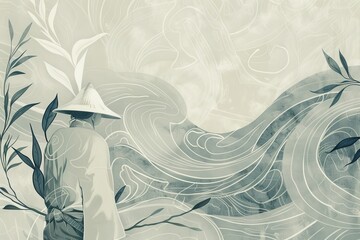 An evocative wallpaper design showcasing a rice farmer intertwined with abstract elements inspired by the natural world, such as leaves, branches, Generative AI