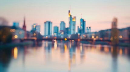 Blurred view of Frankfurt am Main skyline and river : Generative AI - obrazy, fototapety, plakaty