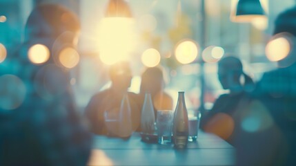 Defocused bokeh effect positive concept background of unrecognizable people diverse business team meeting of young professionals corporate startup : Generative AI
