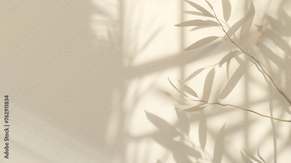 Poster Minimalistic abstract gentle light beige background for product presentation with light andand intricate shadow from the window and vegetation on wall : Generative AI