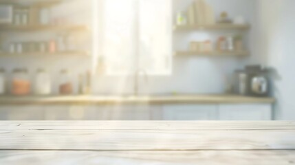 White table background over blur bokeh light for product display White wood desk counter shelf surface backdrop Empty wooden table top over blur kitchen room background for food banner : Generative AI