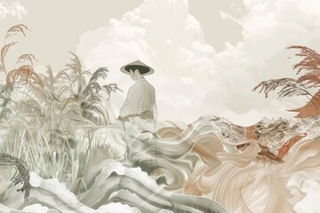An imaginative wallpaper illustration portraying a rice farmer merged with abstract elements inspired by the cycles of nature, such as waves, clouds, Generative AI