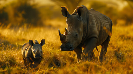 Rhinoceros and calf walk through golden grass field in sunset's warm light.