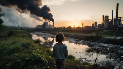 Child gazes at smoky industrial skyline at sunset, pondering environmental impact. - obrazy, fototapety, plakaty