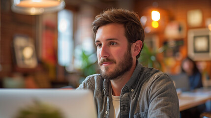 Young man with beard working and intently focused on laptop in cafe ambiance.