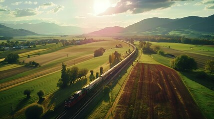 Drone view of majestic landscape of train riding along railroad surrounded by green fields and mountains on sunny day : Generative AI