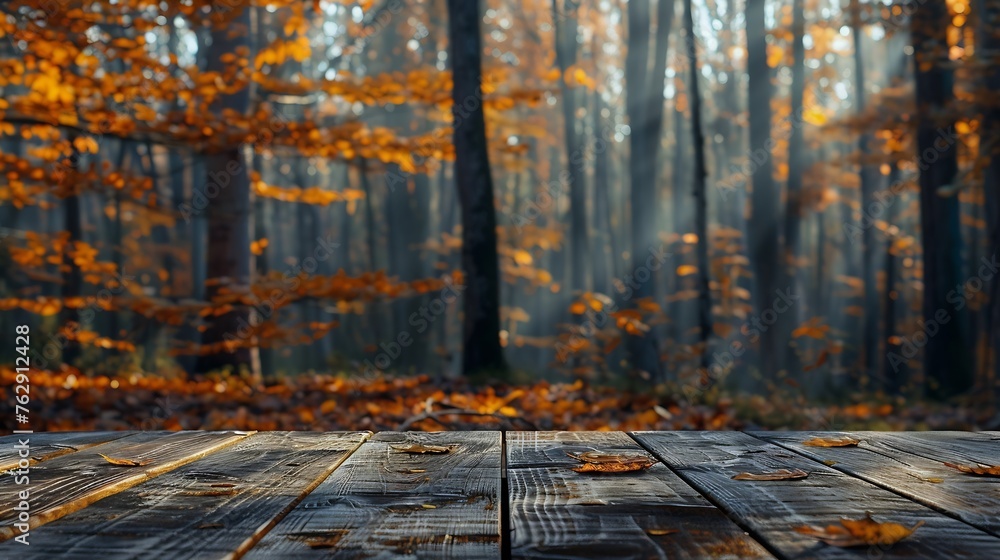 Poster the empty rustic wooden table for product display with blur background of autumn forest exuberant im