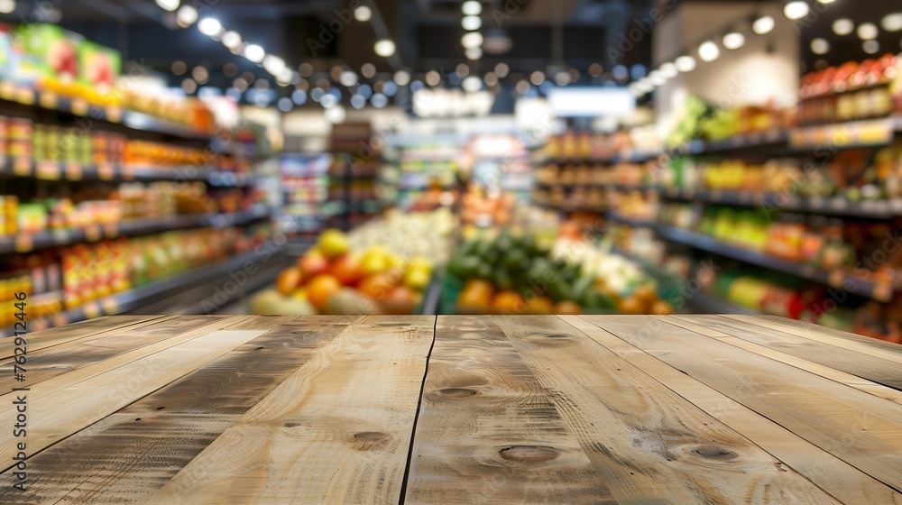 Poster wood table top with supermarket grocery store blurred defocused background with bokeh light for prod