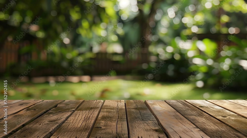 Poster empty wooden table space with green home backyard view blur background for advertising template : ge