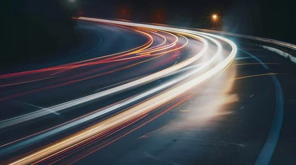 Zelfklevend Fotobehang Panoramic  Cars light trails at night in a curve  asphalt road at night long exposure image : Generative AI © Generative AI