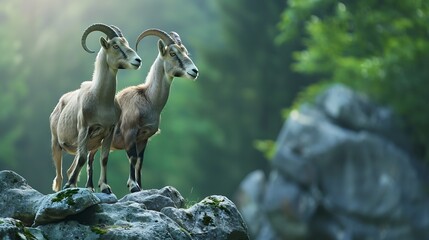 Wild goats with horn standing on stones on blurred background of green forest in countryside :...
