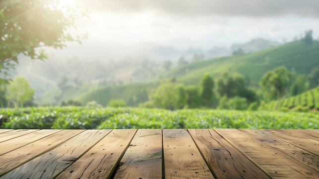 Wooden table top on blur green tea mountain and grass fieldFresh and Relax conceptFor montage product display or design key visual layoutView of copy space : Generative AI