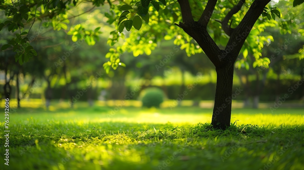 Poster blurred of green natural tree in park background : generative ai