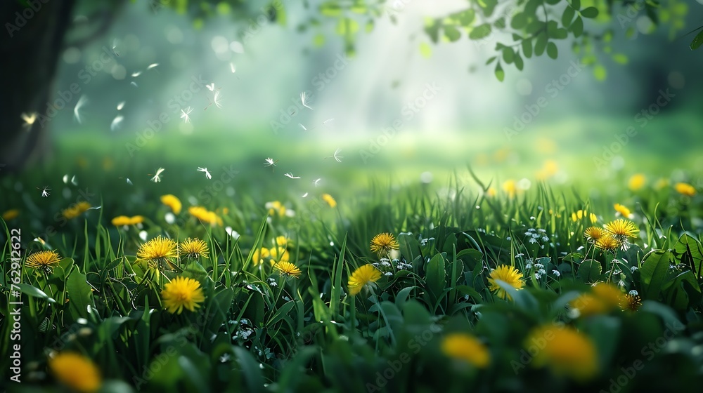 Aufkleber Beautiful wide format image of a pristine forest lawn with fresh grass and yellow dandelions against a defocused background : Generative AI