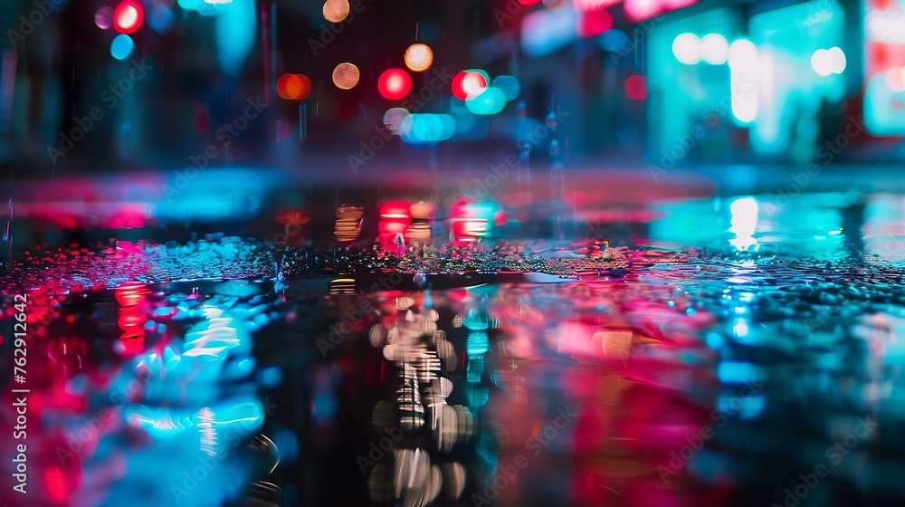 Poster light effect blurred background wet asphalt night view of the city neon reflections on the concrete 