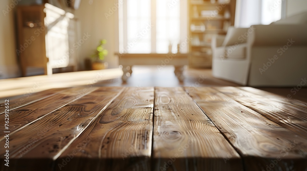 Poster The empty wooden brown table top with blur background of home room in winter Exuberant image : Generative AI