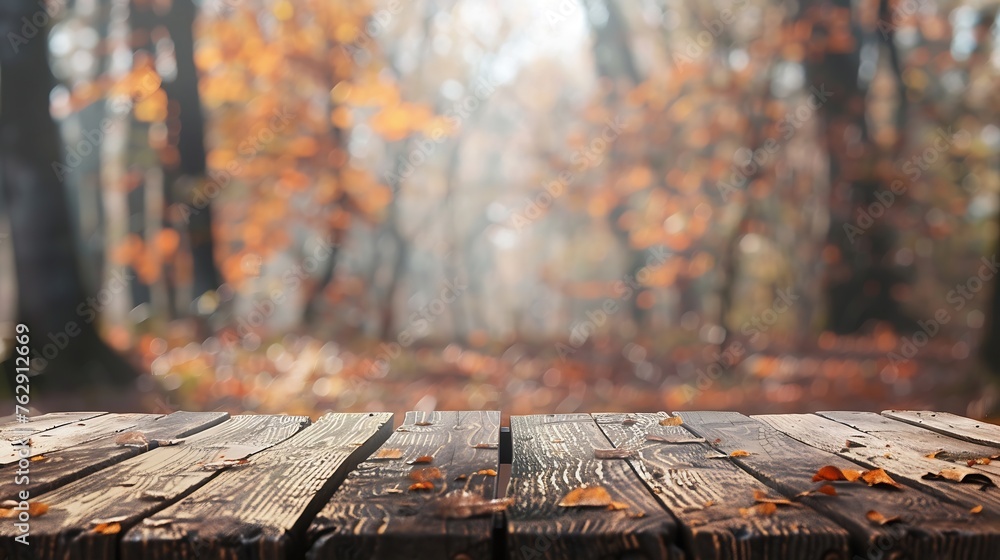 Aufkleber The empty rustic wooden table for product display with blur background of autumn forest Exuberant image : Generative AI