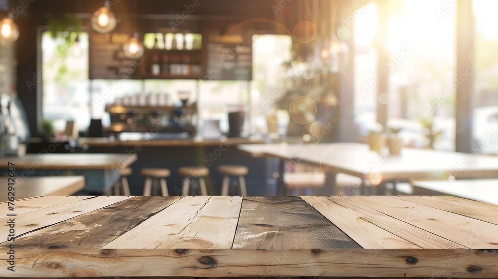 Poster empty wooden table in front of abstract blurred background of coffee shop wood table in front can be
