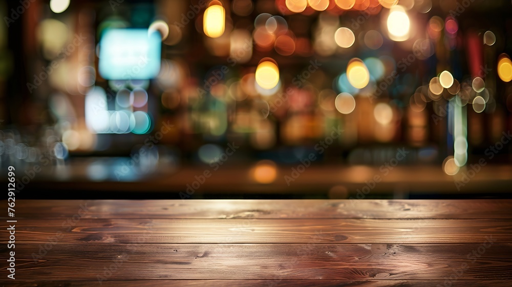 Poster wooden bar counter with blurred background and bottle restaurant bar or cafeteria background : gener