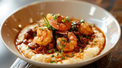 Dish consisting of shrimp and grits.