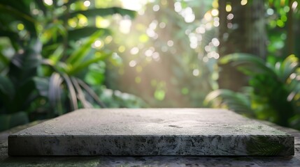 Stone tabletop counter podium floor in outdoor tropical garden forest blurred green palm leaf plant nature backgroundNatural product placement pedestal stand displaysummer jungle parad : Generative AI