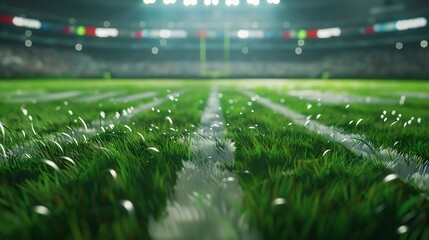 3D render image of american football stadium with green grass field and blurred fans at playground Top view Concept of outdoot sport activity football championship match game space : Generative AI - obrazy, fototapety, plakaty