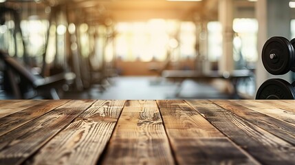 Blurred background of fitness gym and wooden table free space for product display : Generative AI