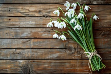Bouquet of snowdrops on wooden background.