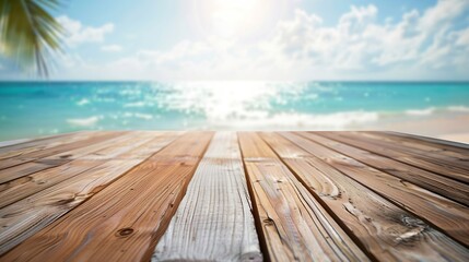 Fototapeta na wymiar Empty wooden table on blurred tropical sea and sky background : Generative AI