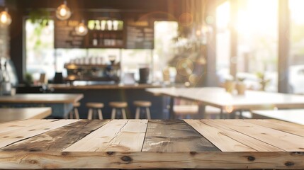 Empty wooden table in front of abstract blurred background of coffee shop  wood table in front can be used for display or montage your productsMock up for display of product : Generative AI