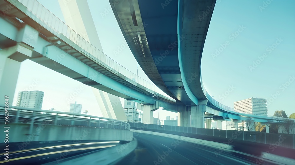 Poster highway overpass motion blur with city background : generative ai
