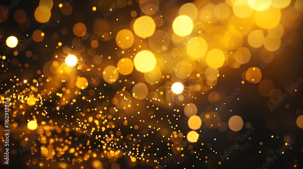 Poster golden blurred bokeh lights on black background glitter sparkle stars for celebrate overlay for your