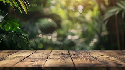 Table top wood counter floor podium in nature outdoors tropical forest garden blurred green jungle plant backgroundnatural product present placement pedestal stand displayspring or sum : Generative AI