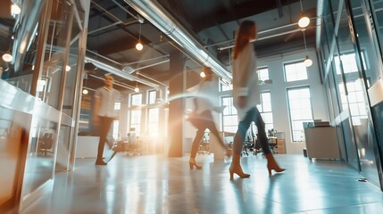 Fototapeta premium Group of office employees in motion go around at coworking space People in business center walking at hall Motion blur Wide image : Generative AI