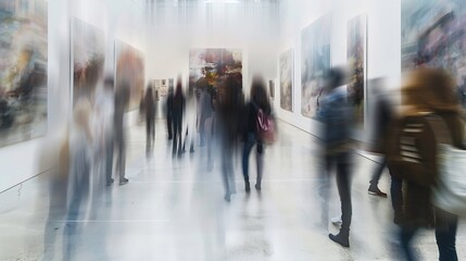 Blurred motion of people passing through the paintings on the wall in art gallery : Generative AI