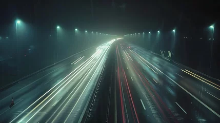 Foto op Canvas Light trails of headlights and brake lights on a highway long exposure shot of blurred headlights and brake lights on a two way motorway at night : Generative AI © Generative AI