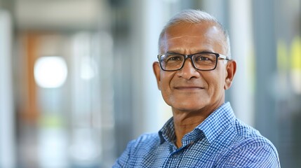 Fototapeta premium Headshot close up portrait of indian or latin confident mature good looking middle age leader ceo male businessman on blur office background Handsome hispanic senior business man smili : Generative AI