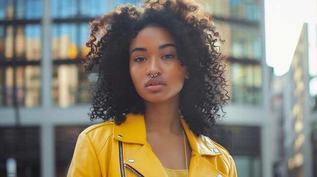 Confident young african american female model with curly dark hair and nose piercing in stylish yellow leather jacket standing on street near modern buildings and looking at camera : Generative AI
