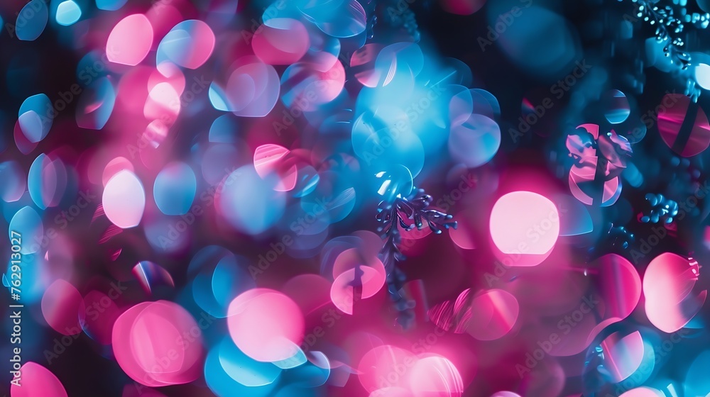 Poster Blur color flare Neon glow background Bokeh radiance reflection Defocused fluorescent blue pink light gleam on dark abstract overlay : Generative AI