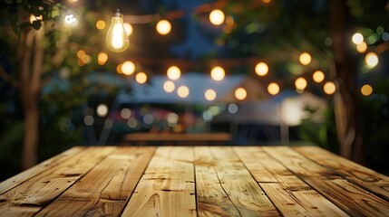Wooden table top on blur tent camping travel tent at nightDrink and party conceptFor montage product display or design key visual layoutView of copy space : Generative AI