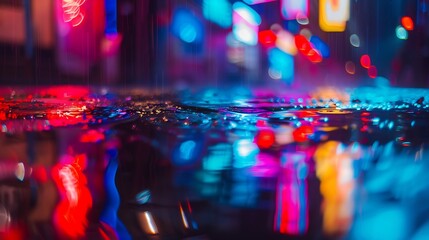 Multicolored neon lights on a dark city street reflection of neon light in puddles and water...