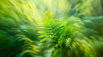 A vibrant green fern stands out in an abstract motionblurred forest scene evoking the dynamic life...